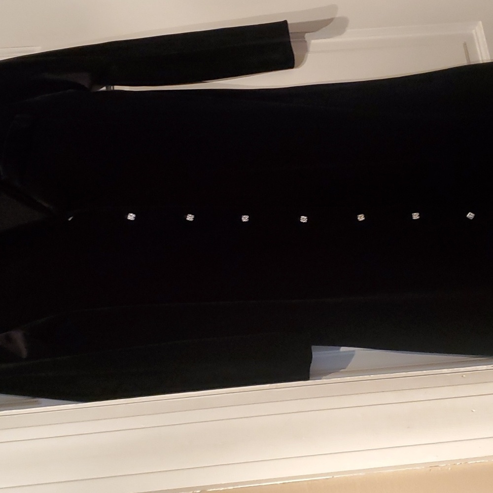 Vintage Black velvet long sleeve button down dress, size 10. Rhinestone buttons